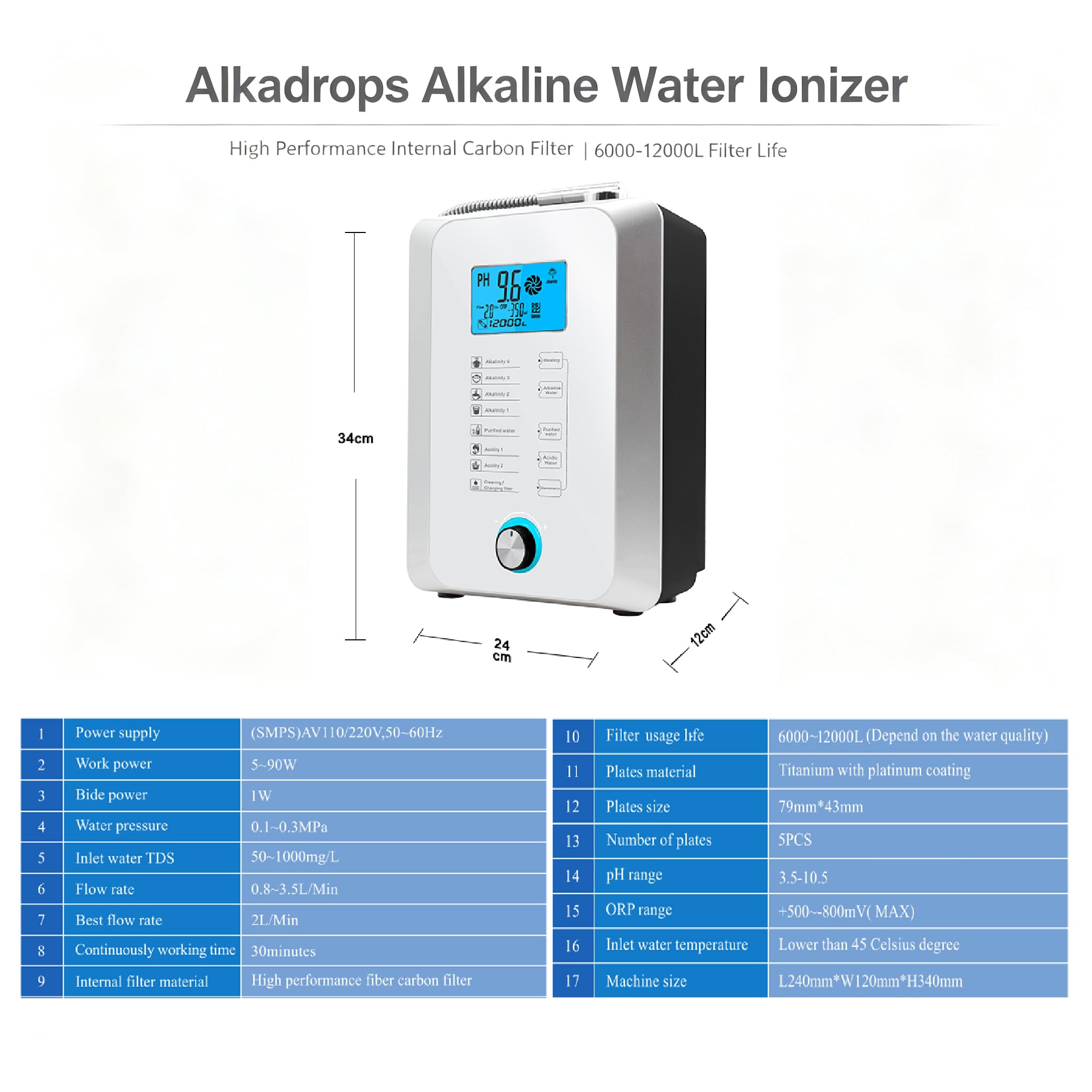 Amazon | アルカリ水イオナイザーマシン pH 3.5~10.5、容量12000L